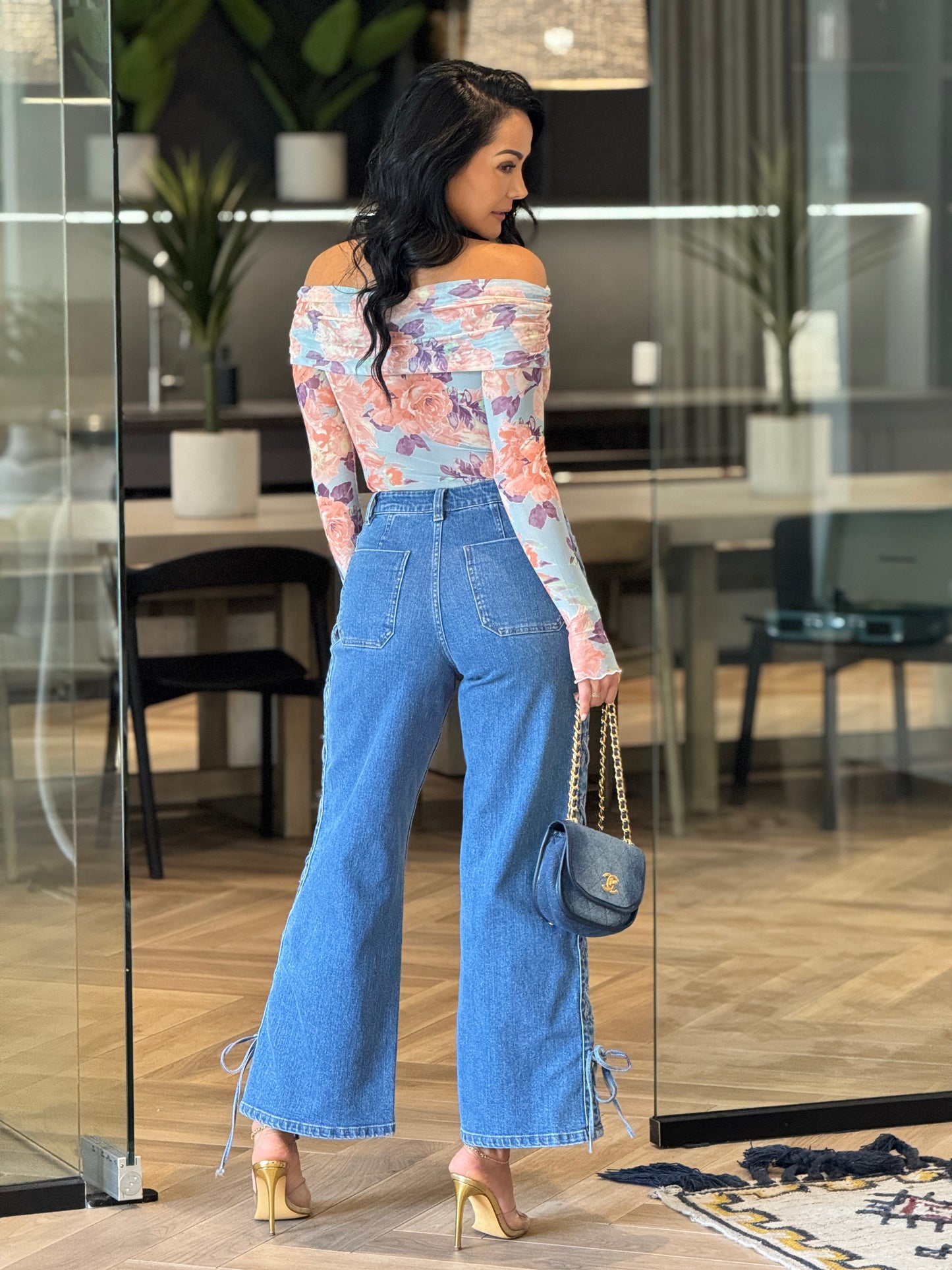 Promesa Blue/Pink Off Shoulder Mesh Top