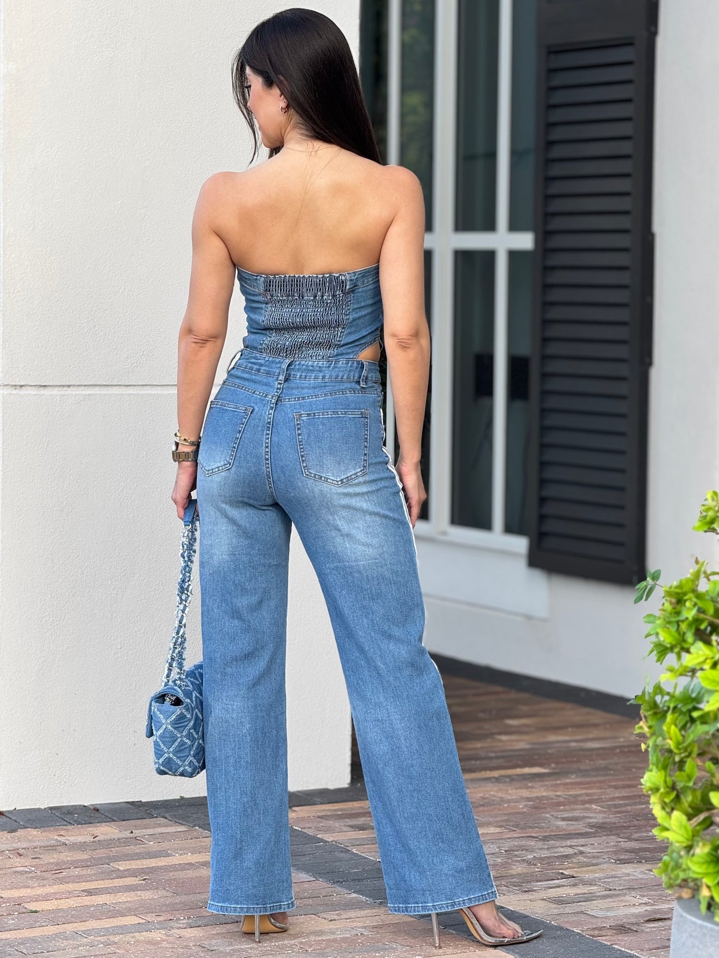 Angelica Denim Cutouts Strapless Lines Jumpsuit