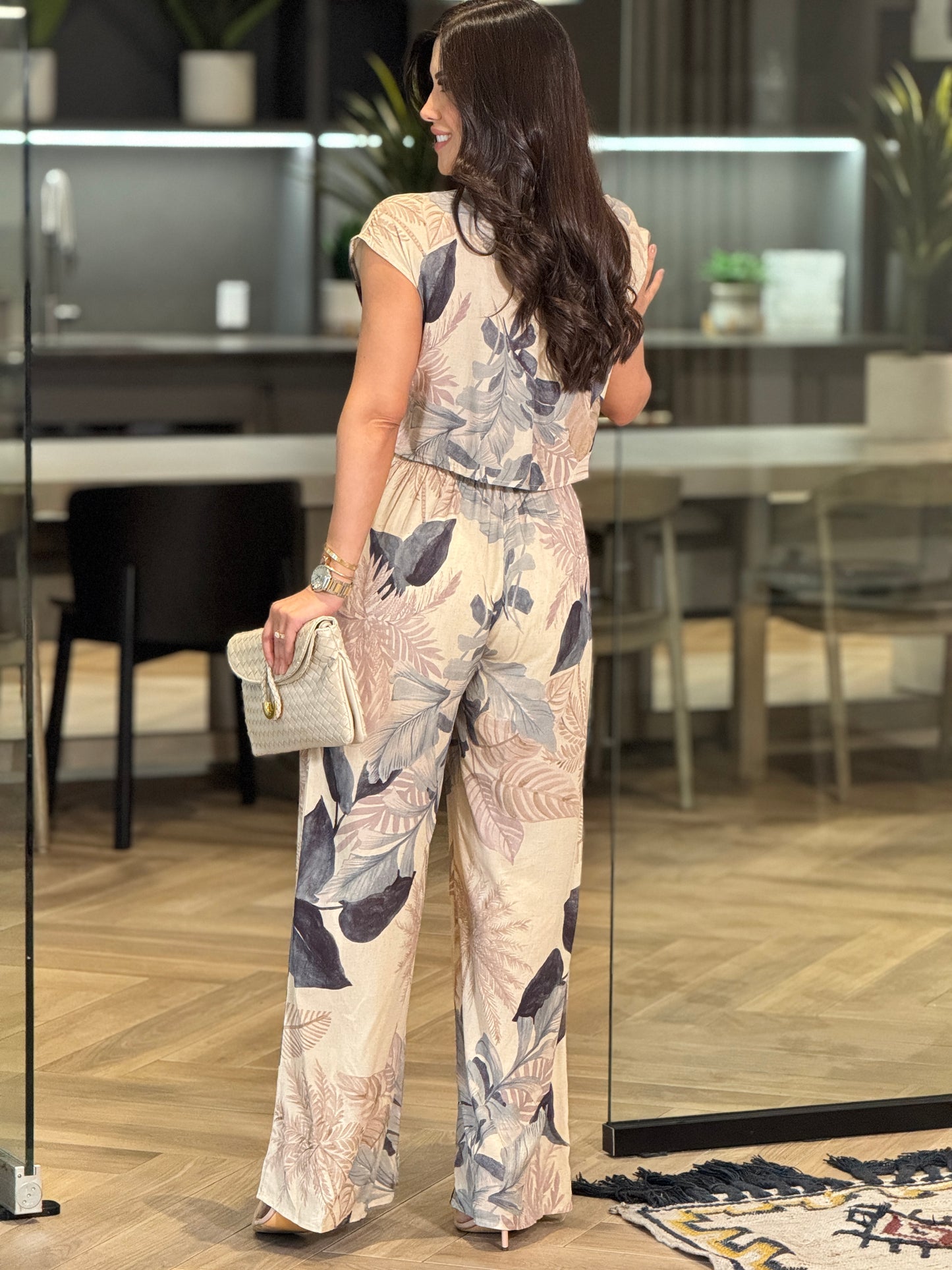Rory Beige Palms Print Jumpsuit