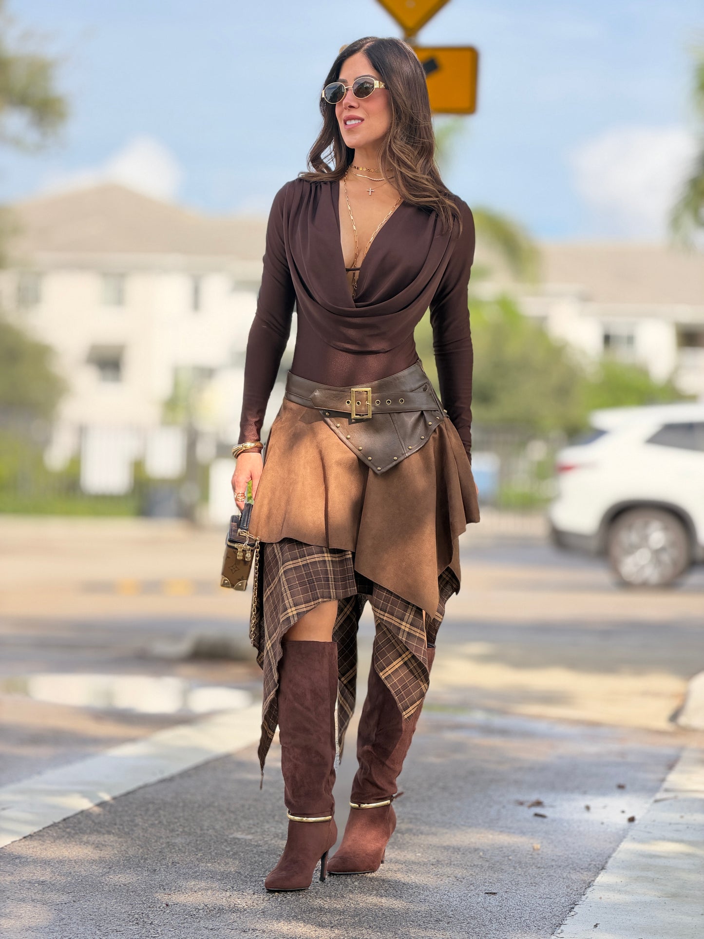Trend Brown Layers Plaid Skirt