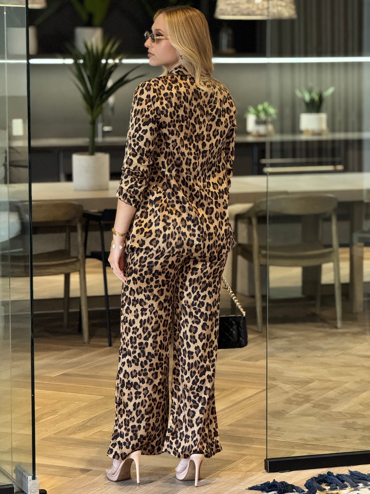 Ovianca Leopard Satin Blazer Set