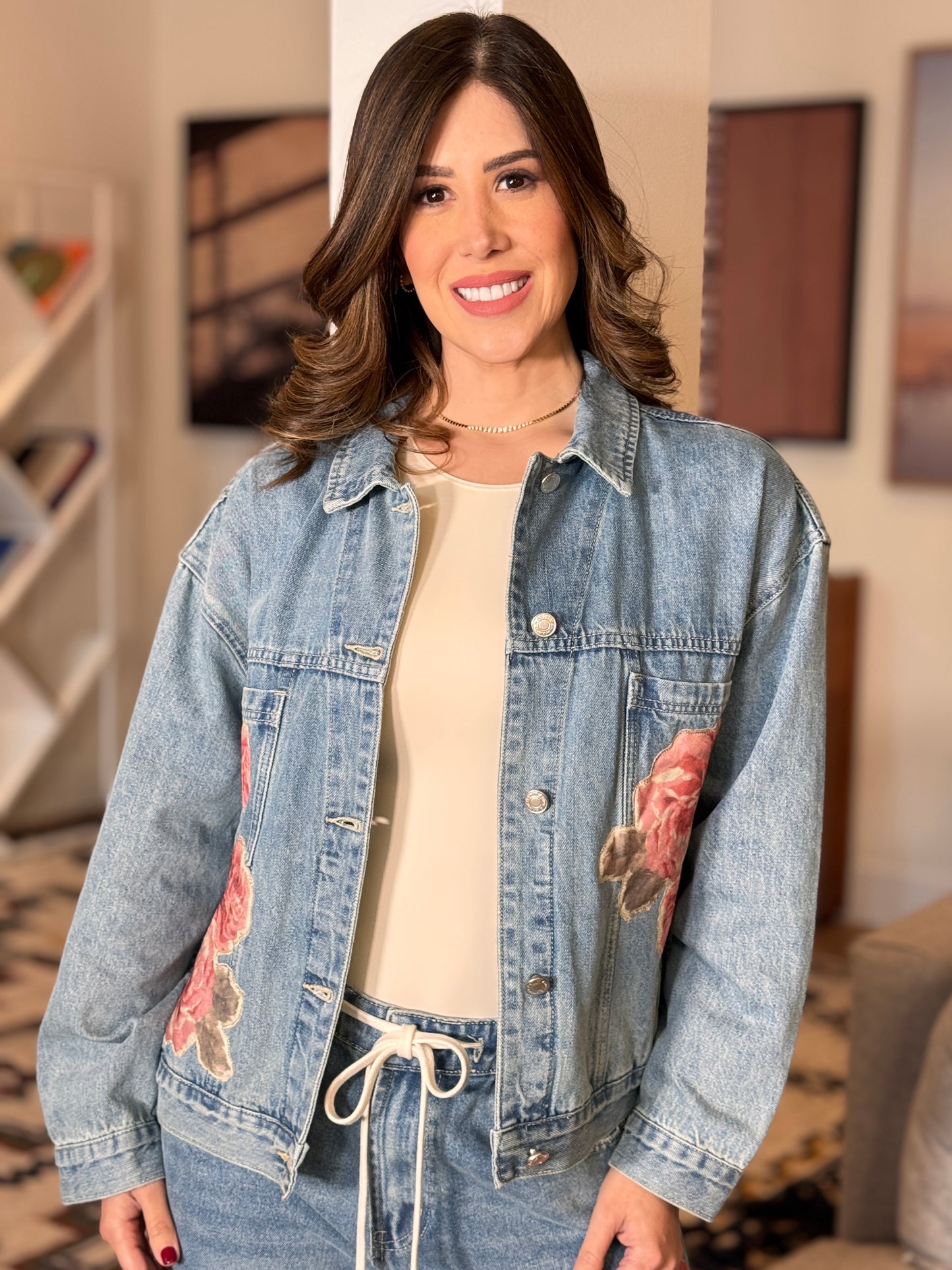 Amber Pink Flowers Denim Jacket Top