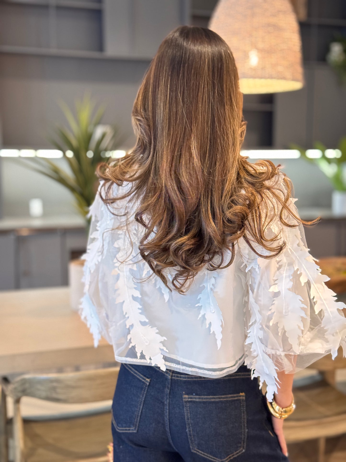 Gaia White Leaves Mesh Shirt Top