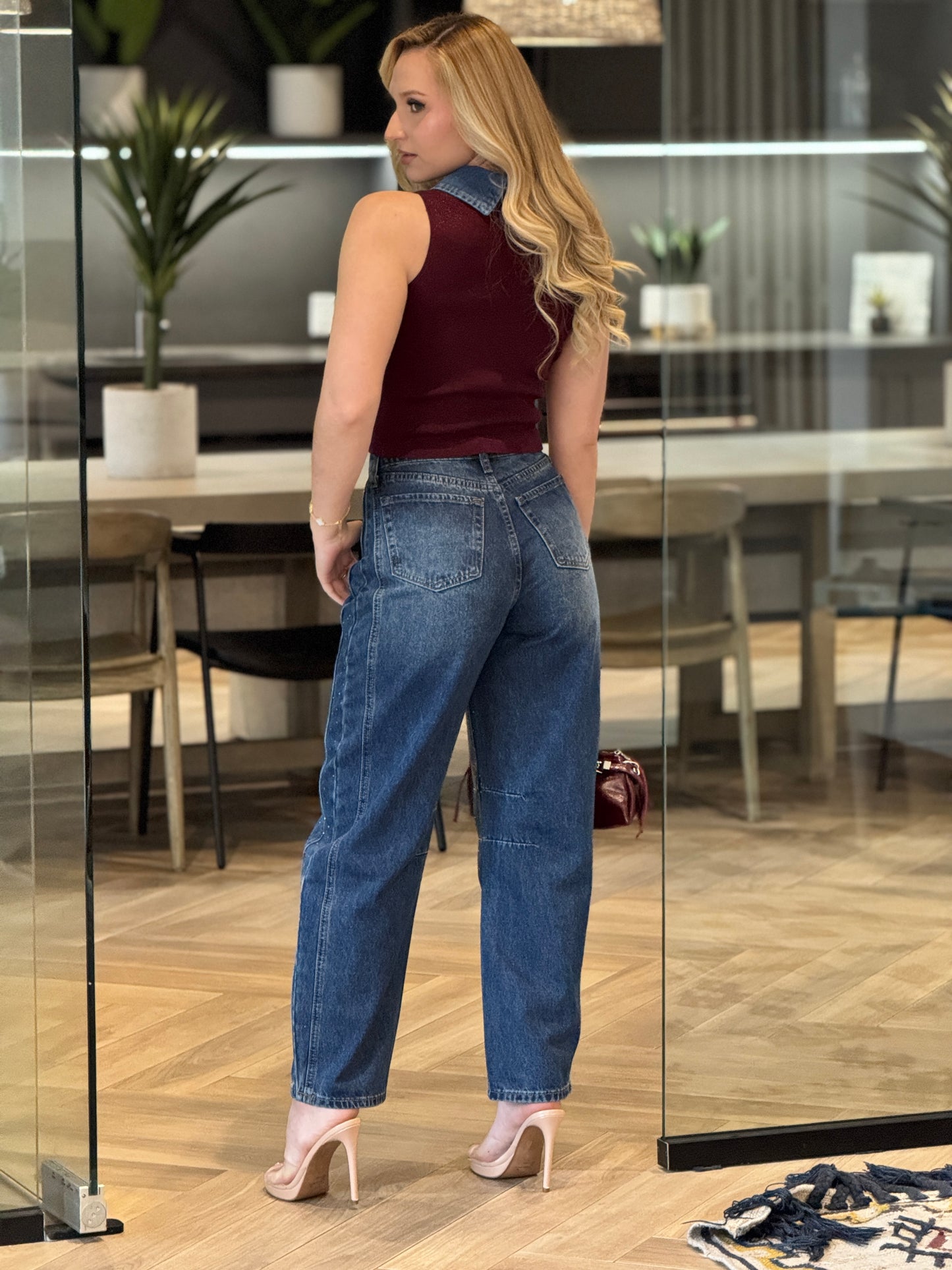 Kiwi Denim Rhinestone Barrel Jeans