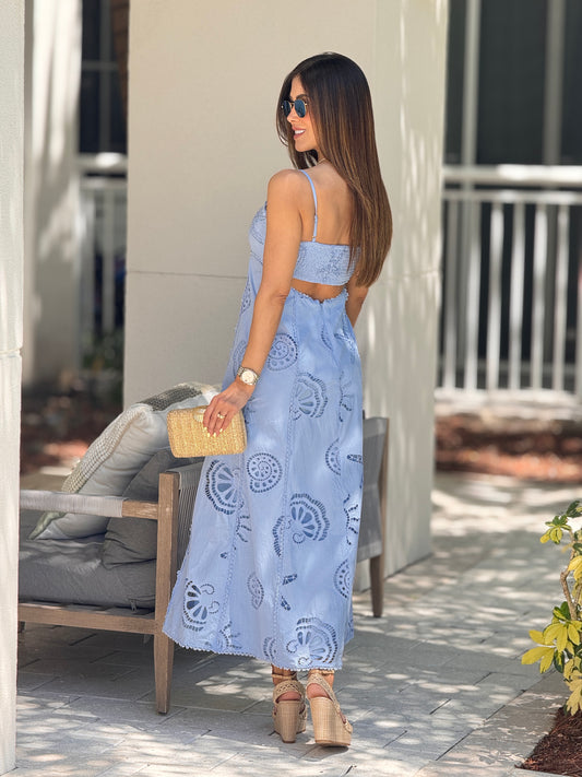 Hershey Blue Torchon Midi Dress