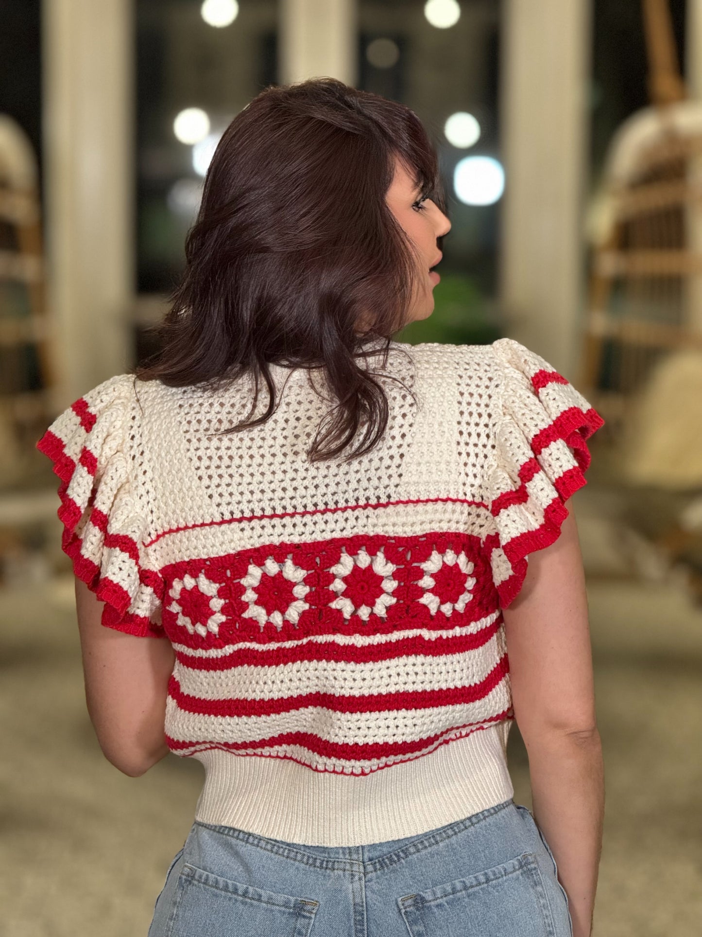 Clarisse Red/Beige Crochet Ruffle Top