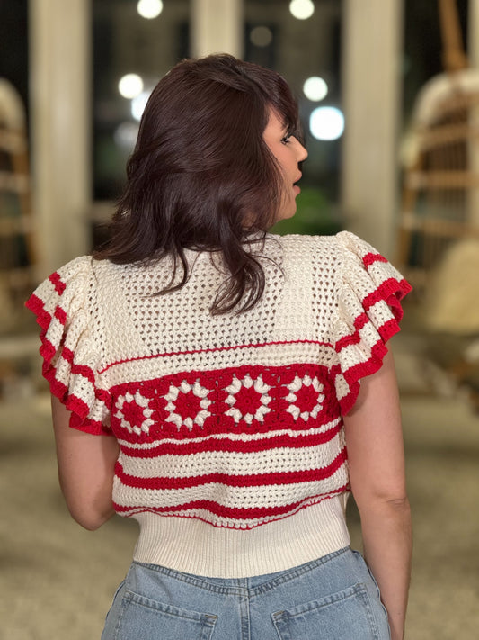 Clarisse Red/Beige Crochet Ruffle Top