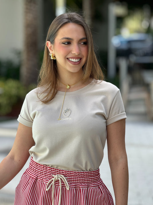 The Strawberry Embroidery Beige T-Shirt