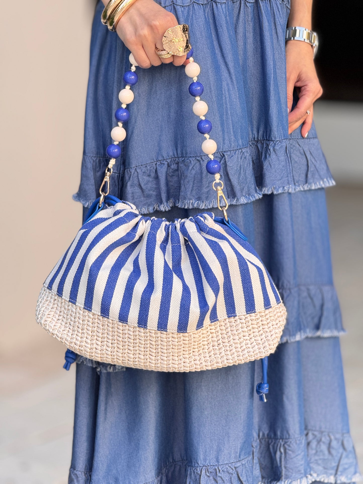 Italy Navy Lines Raffia Bag