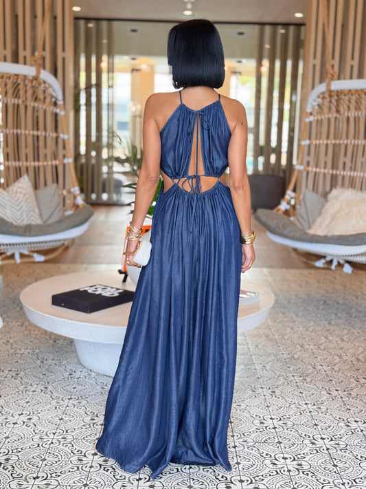 Sangie Dark Denim Cutouts Maxi Dress
