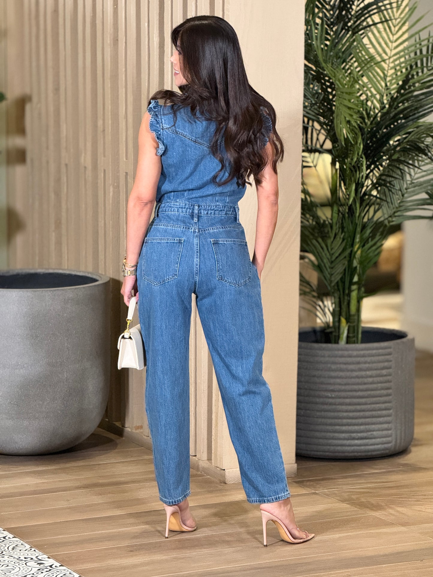 Miou Denim Ruffle Jumpsuit