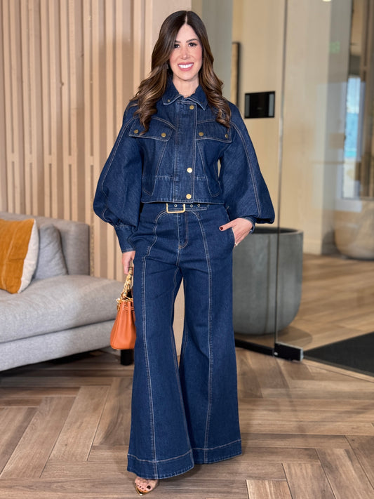 Gaia Dark Denim Gold Buttons Jacket+Jeans Set