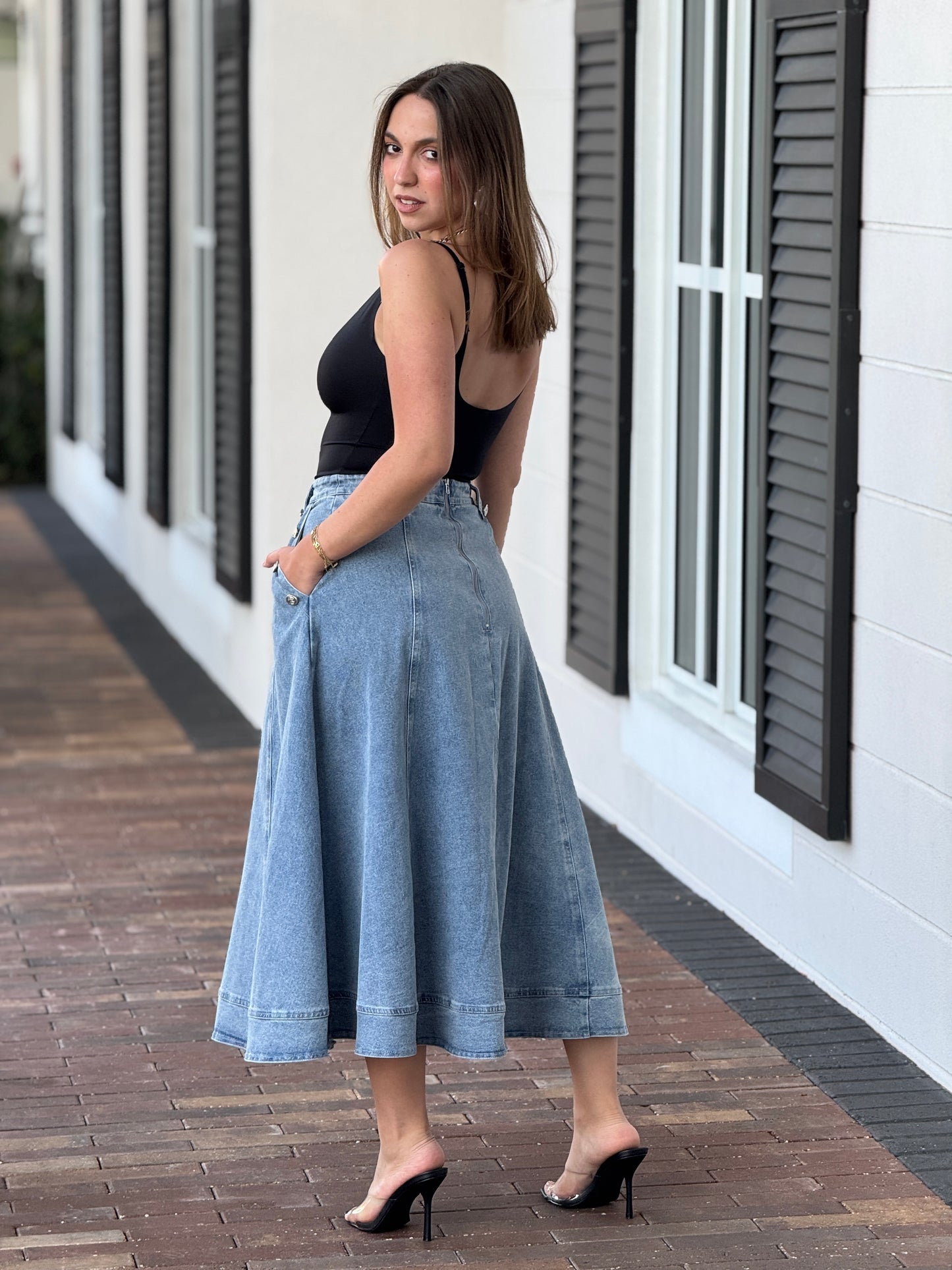 Ashley Denim Skirt (Silver Buttons)