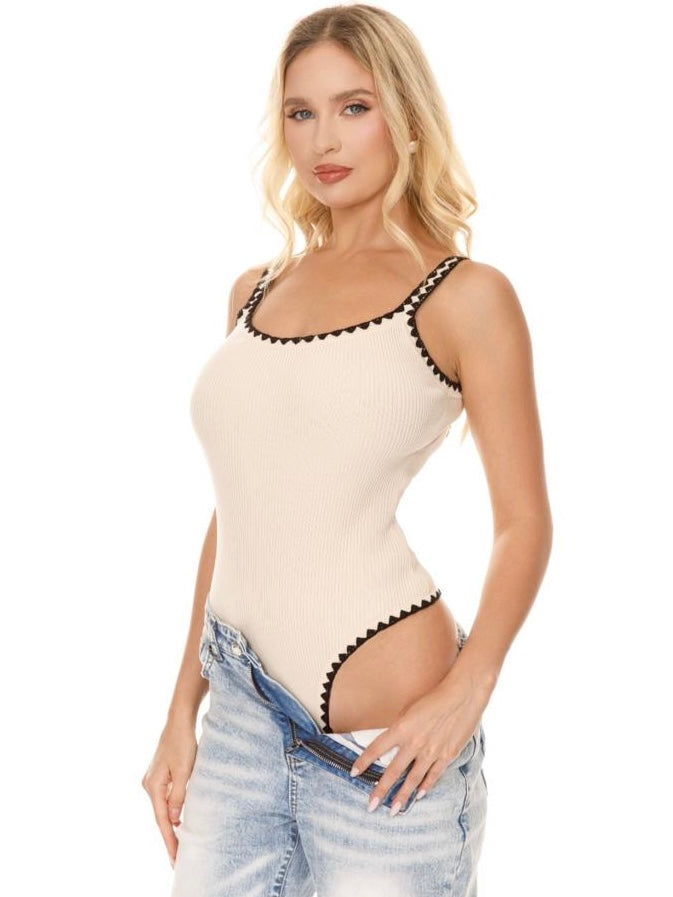 Gaia Beige Borders Bodysuit Top