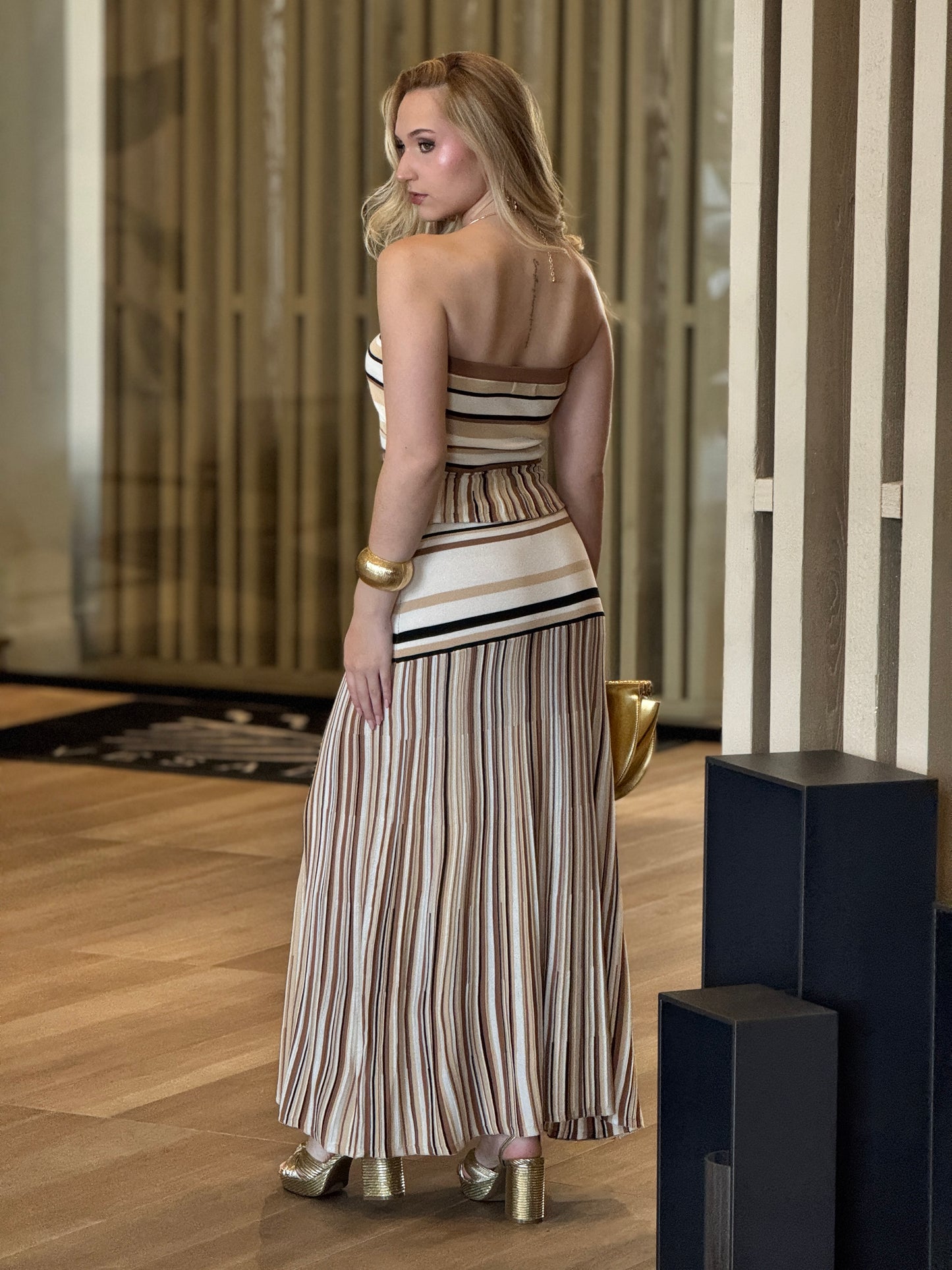 Helen Beige/Black Lines Knitted Skirt Set