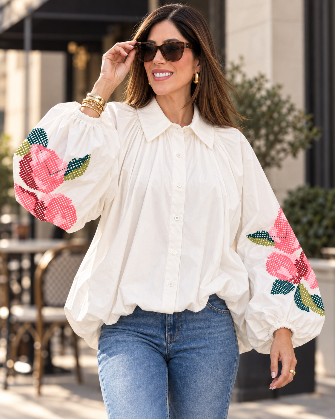 Zena White Roses Embro Top