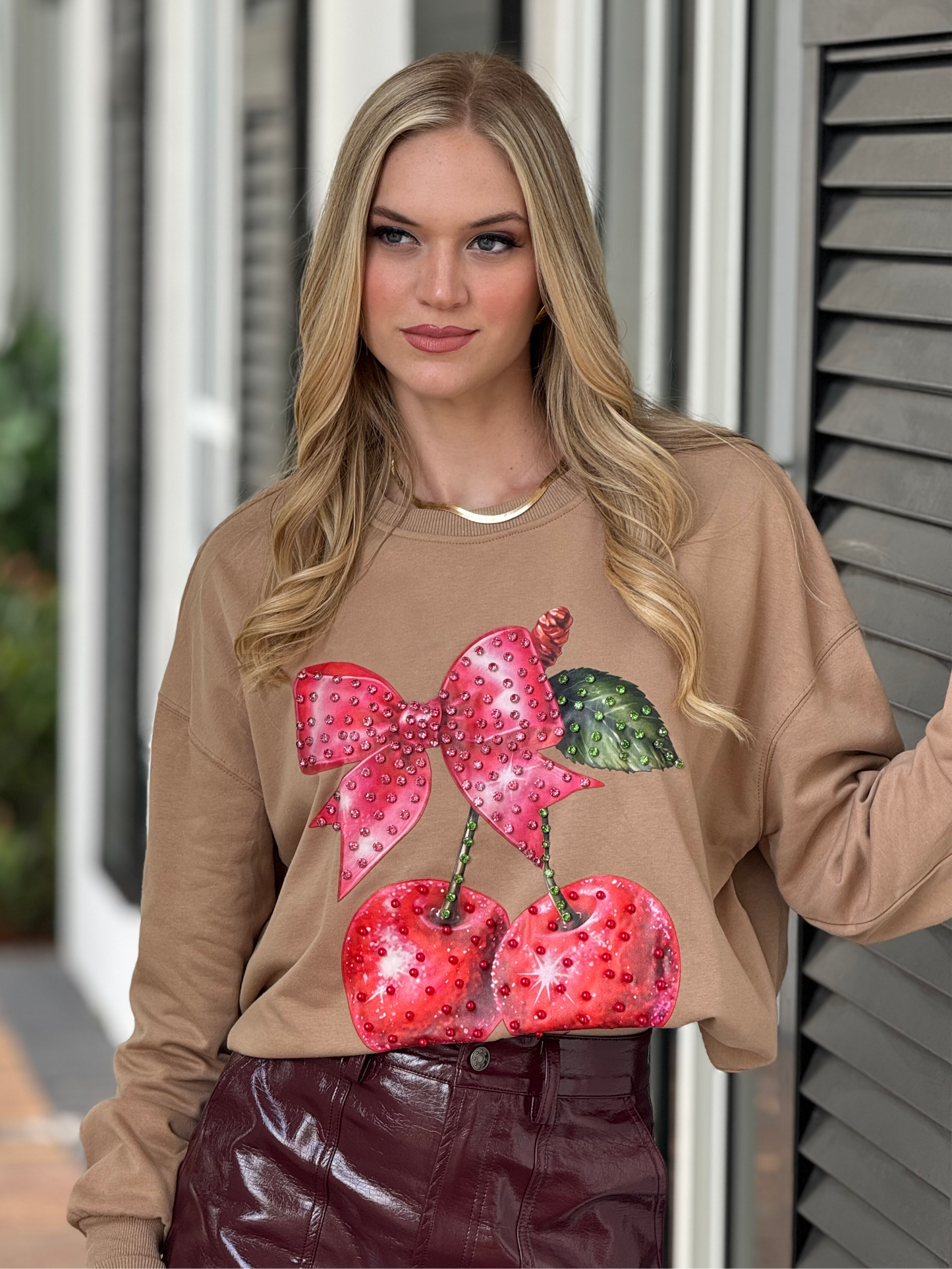 Cherry Beige Bow Rhinestone Sweater Top