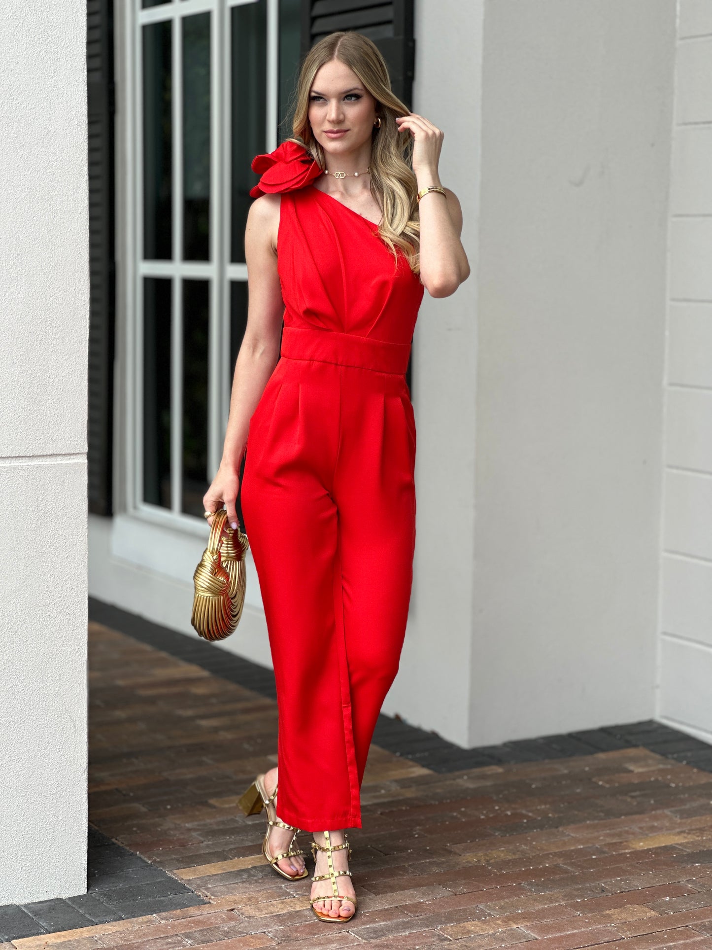 Milena Red 3D Flower Jumpsuit