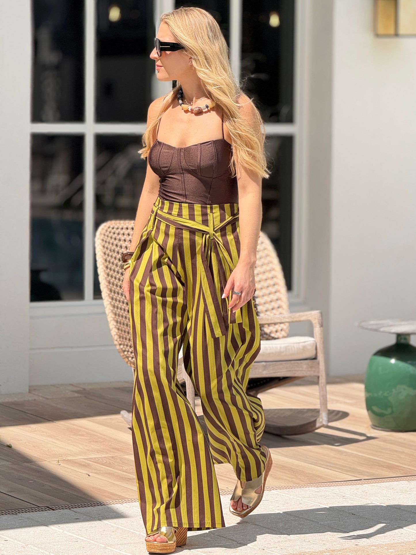 Italy Green/Brown Lines Palazzo Pants