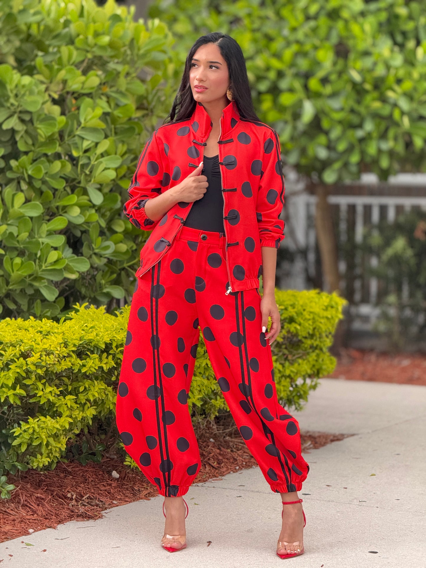 Chinese Red/Black Polka Dots Jacket Set