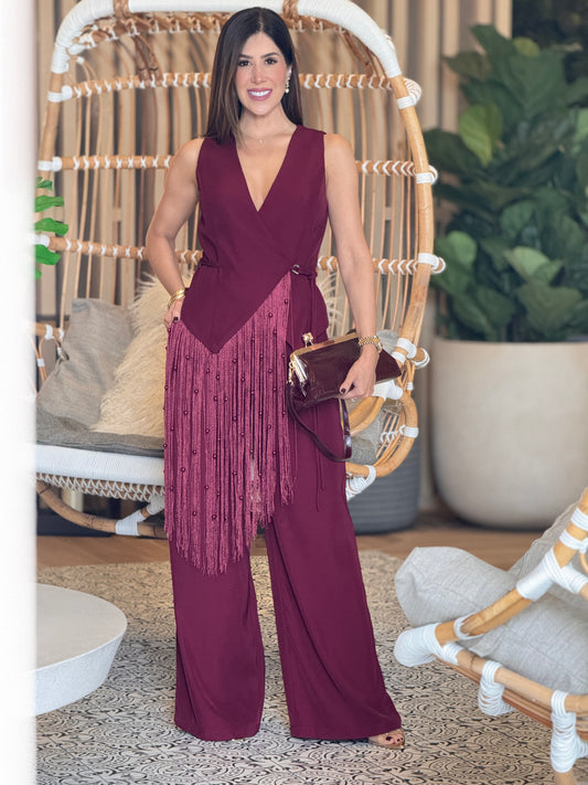 Chic Burgundy Fringe Set