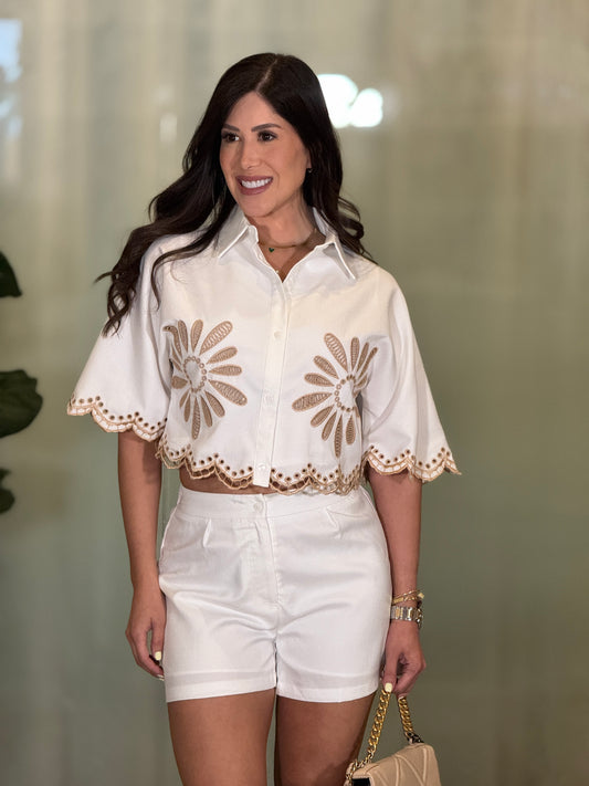 Always Chic White/Brown Embroidery Short Set