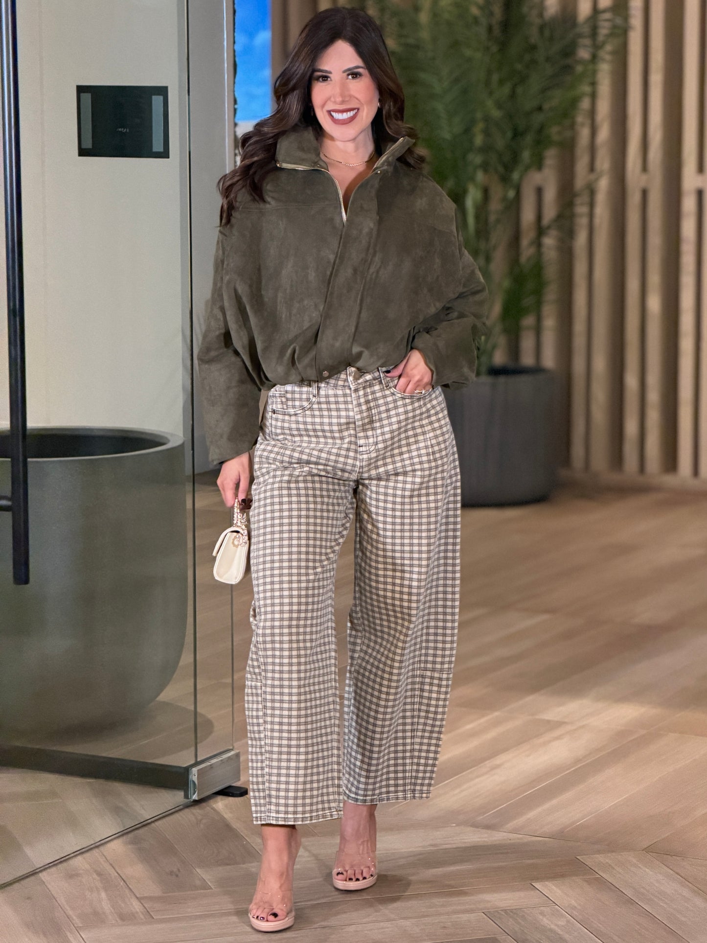 Miou Brown Vichy Print Barrel Pants