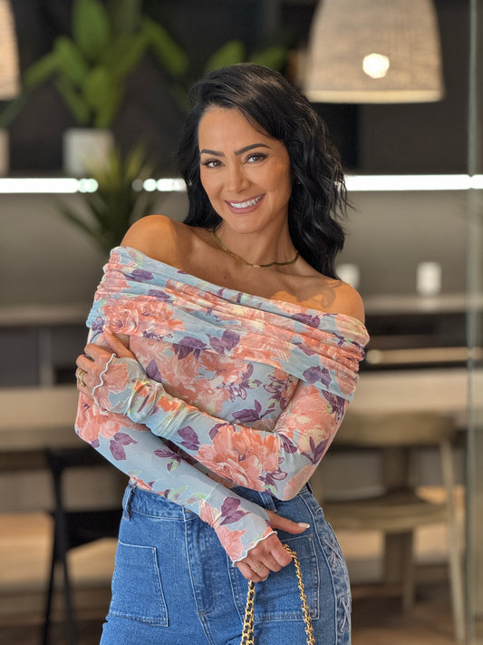 Promesa Blue/Pink Off Shoulder Mesh Top