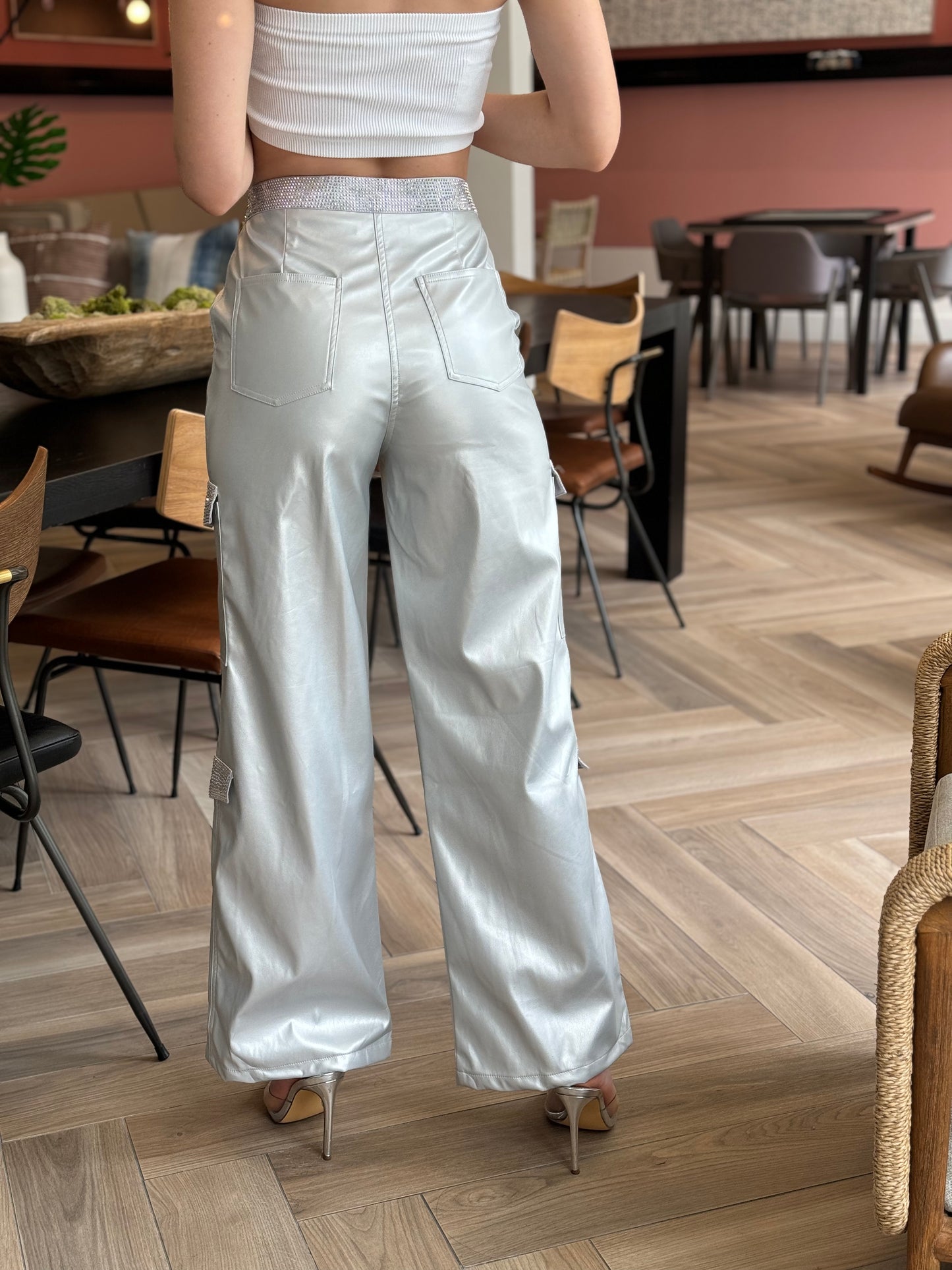 Brenda Silver Rhinestone Cargo Pants