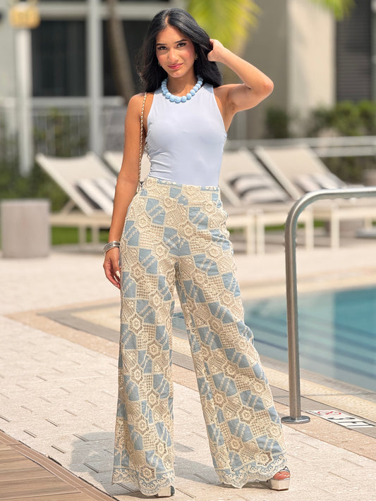 Creta Blue/Beige Torchon Wide Pants