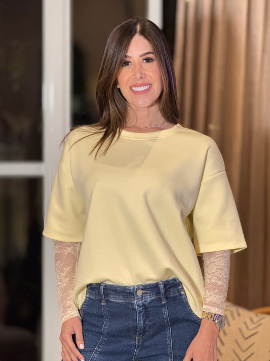 Italy Yellow Lace Sleeve T-Shirt