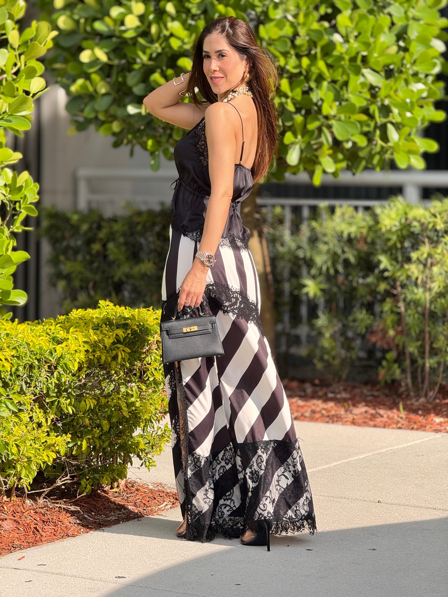 Elizabeth Black/White Lines & Lace Skirt Set