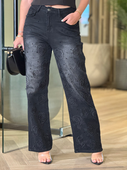 Rose Black Embroidery Jeans