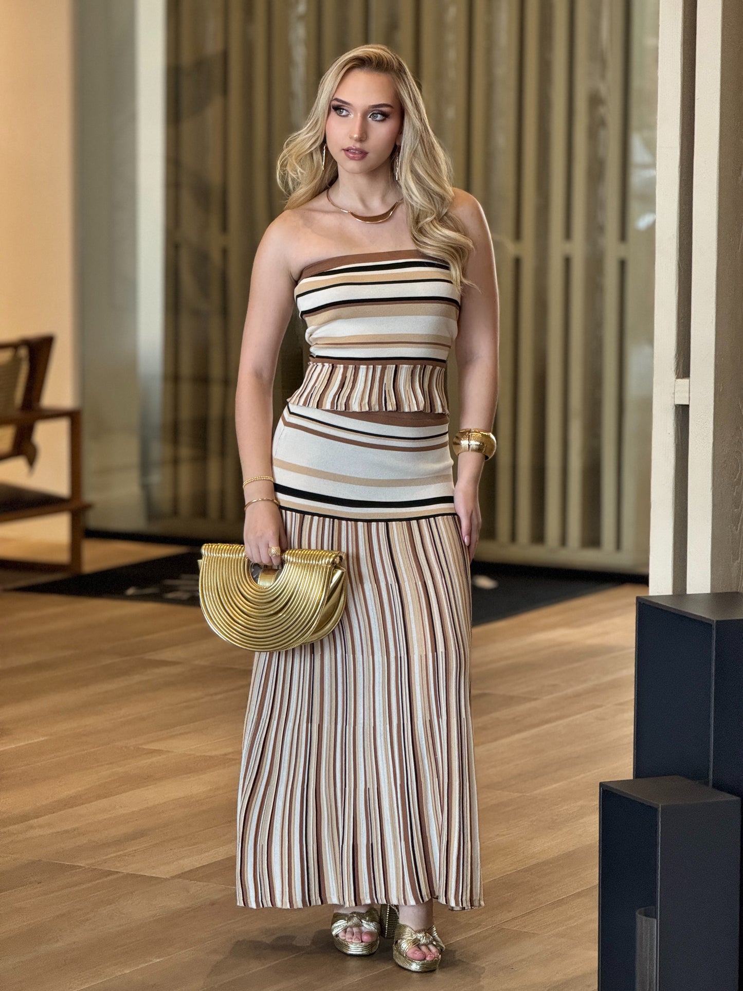 Helen Beige/Black Lines Knitted Skirt Set