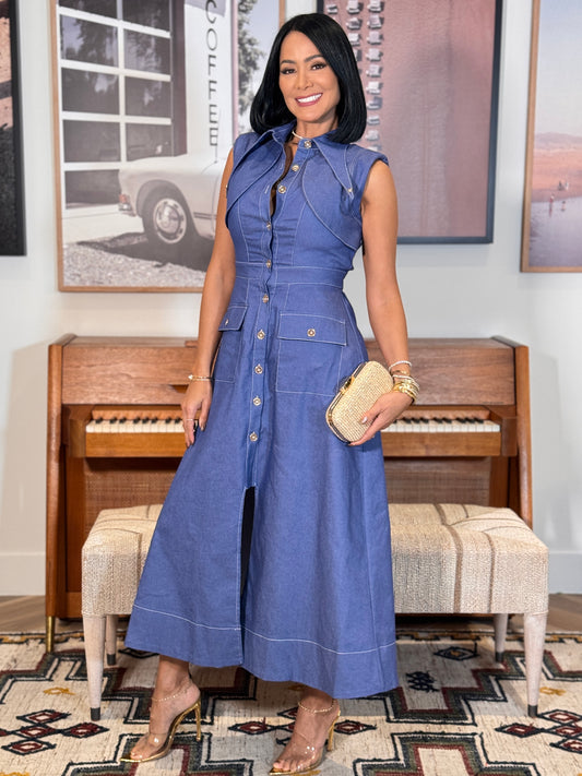 Chic Denim Midi Collar Dress