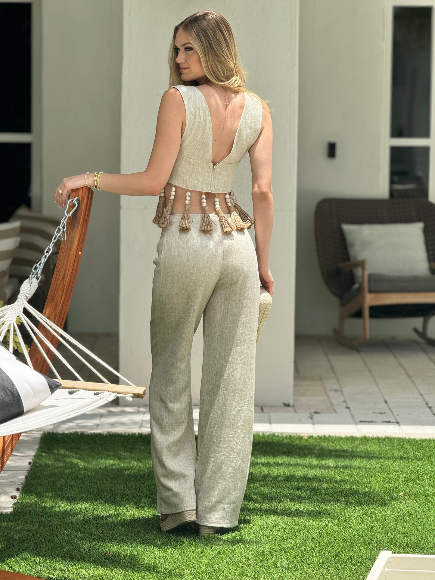 Tahiti Boho Beige Linen Fringe Set