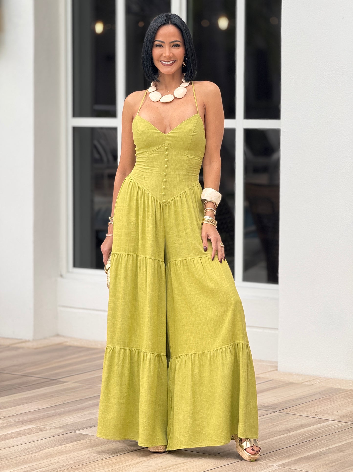 Sangie Green Linen Maxi Jumpsuit