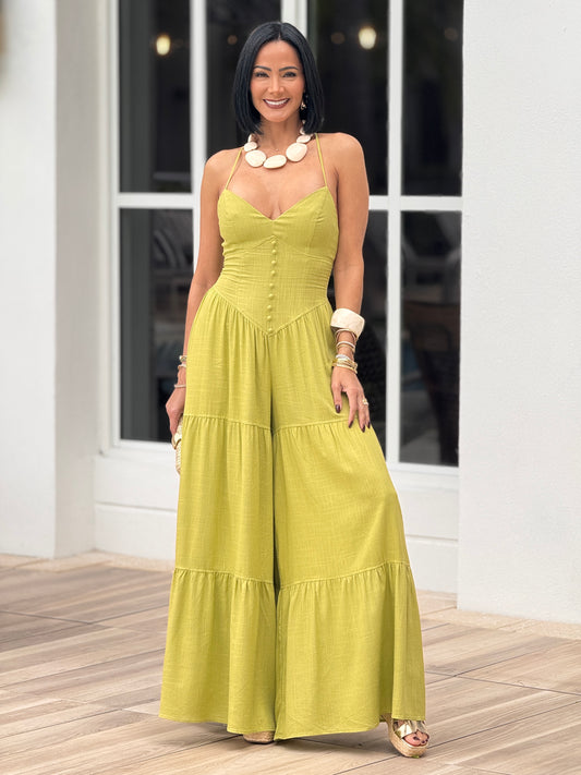 Sangie Green Linen Maxi Jumpsuit