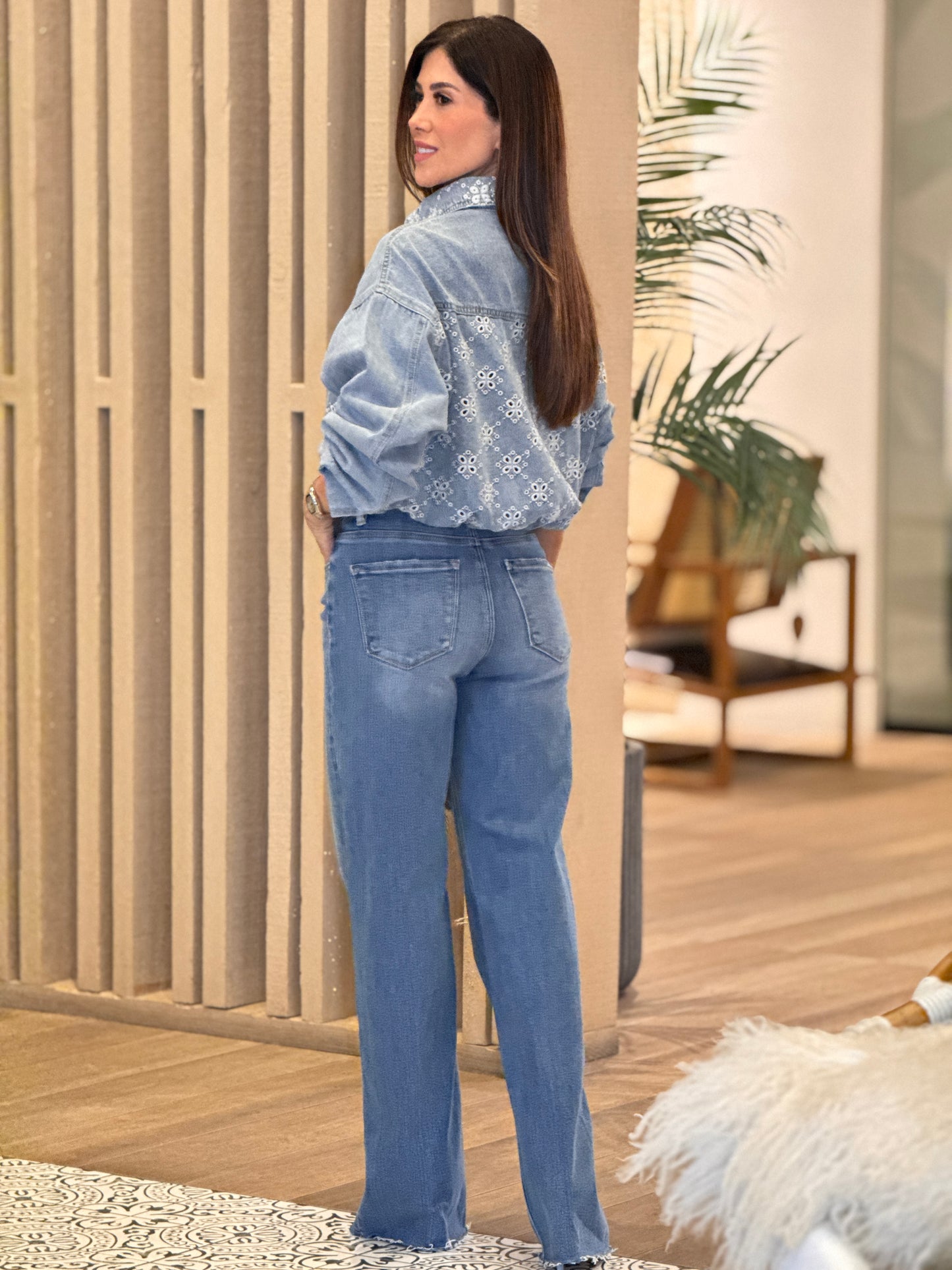 Fiery Light Denim/White Embro Jacket Top