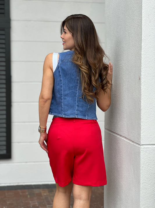 Gaia Red Denim Waistband Bermudas