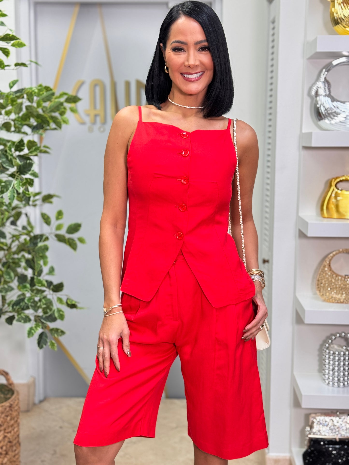 Kelsi Red Linen Bermuda Set