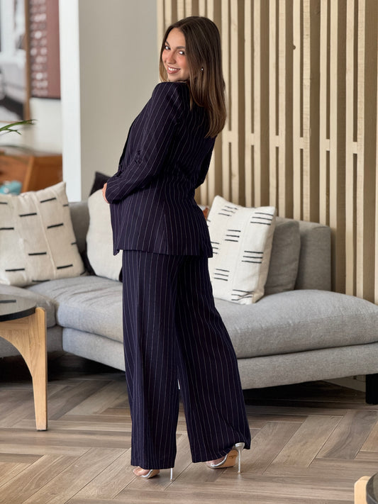 Ovianca Navy Lines Linen Blazer Set