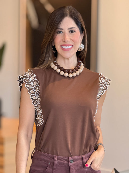 Pastel Brown Laurels Embro Pearls T-Shirt