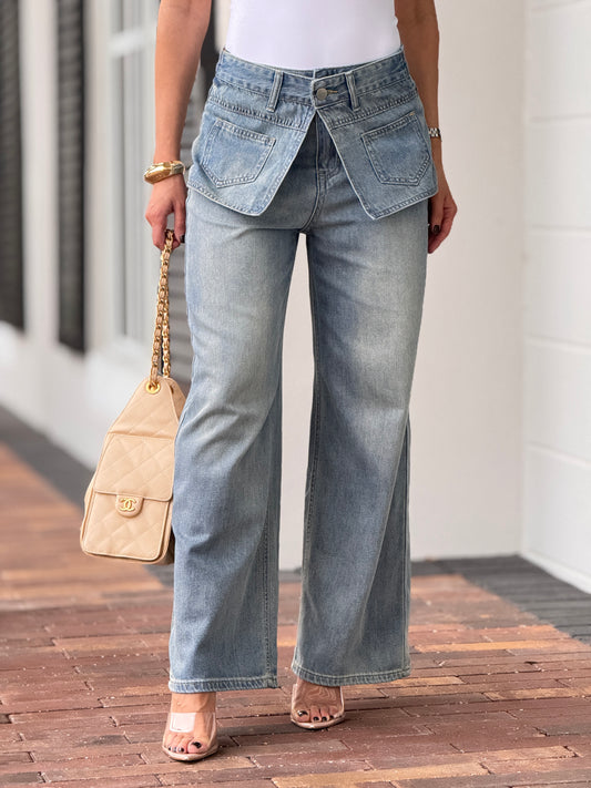 Linzy Denim Pockets Straight Jeans