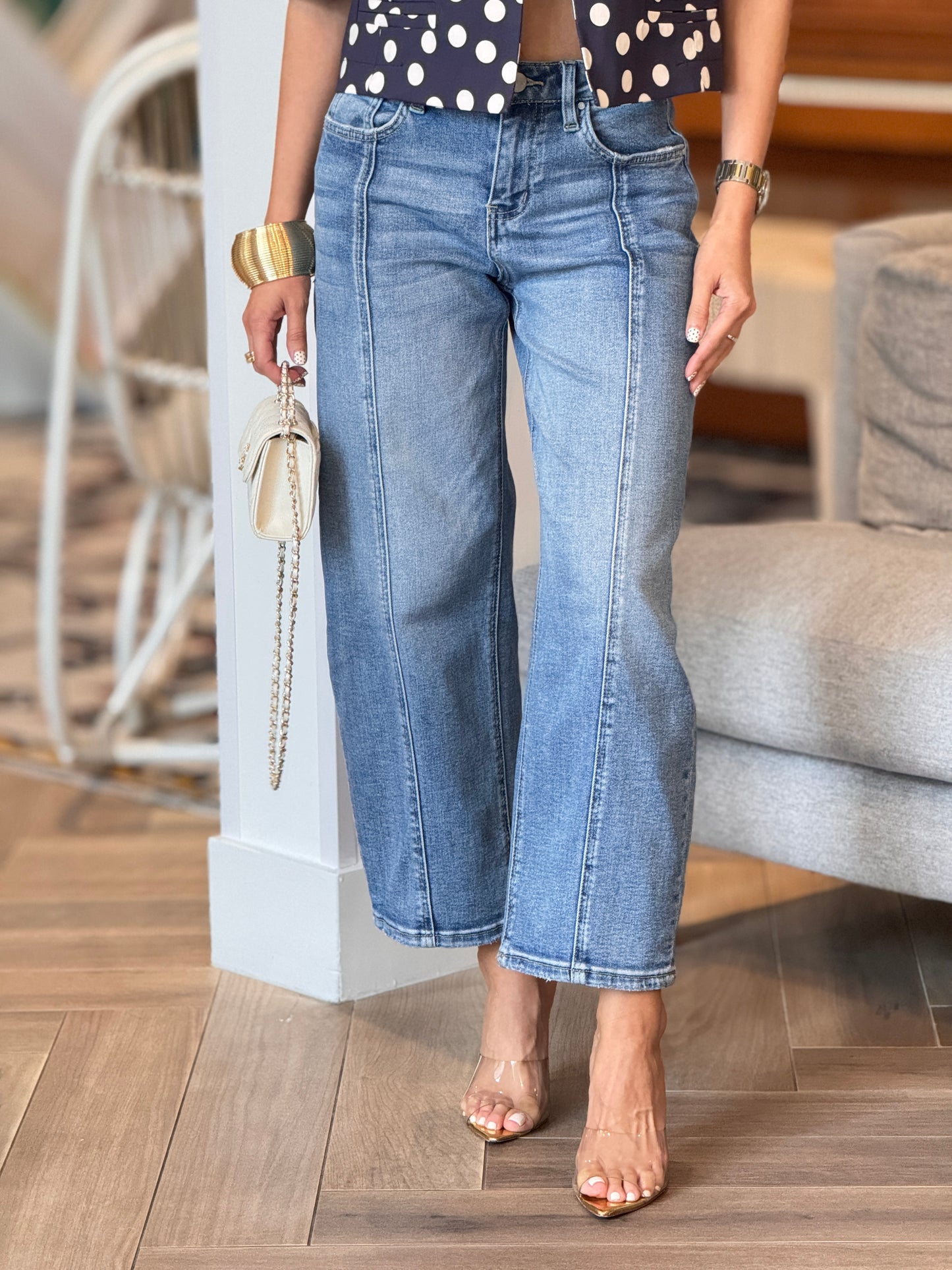 Risen Mid Wash Denim Seam Barrel Jeans