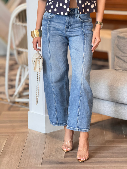 Risen Mid Wash Denim Seam Barrel Jeans