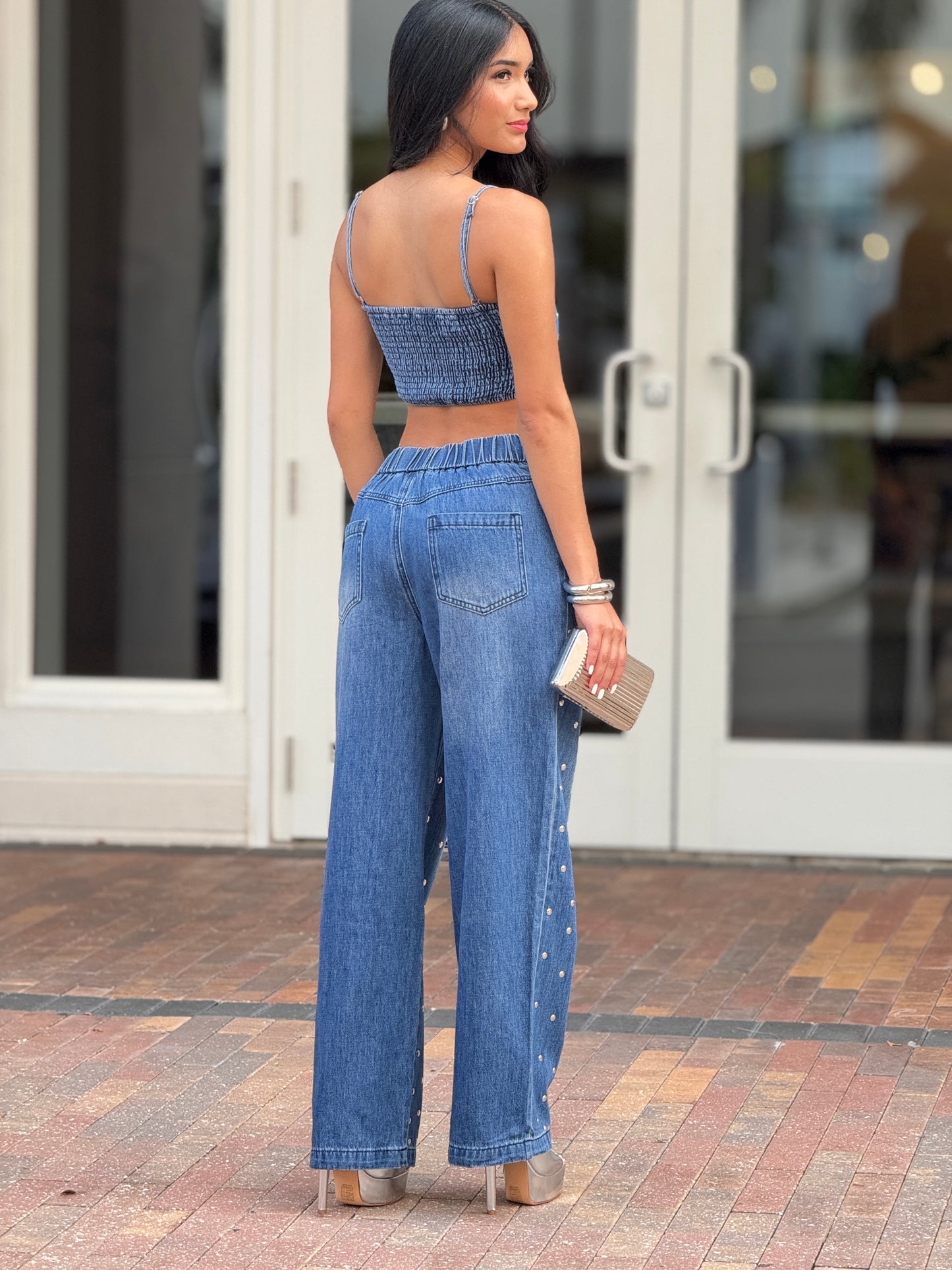 Gaia Dark Denim Silver Round Studs Jeans Set