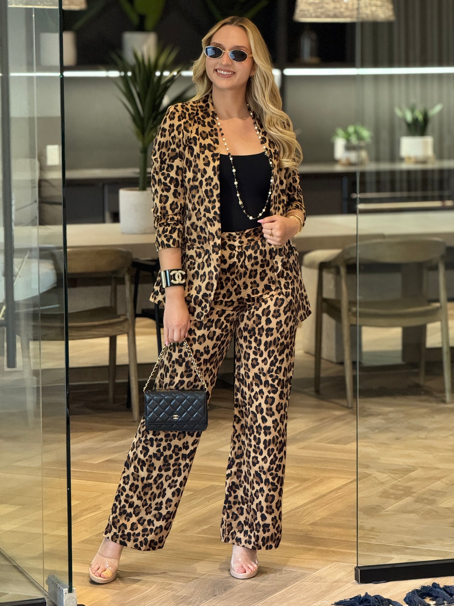 Ovianca Leopard Satin Blazer Set