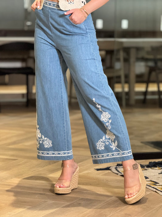 Romy Denim/White Embroidery Pants