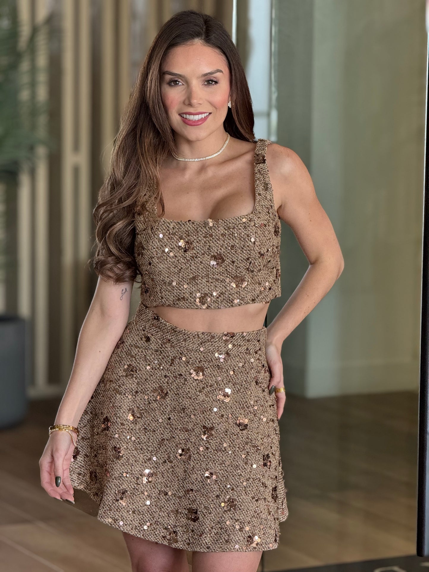 Sharon Beige Tweed Sequin Skirt Set